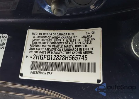 2008 Honda Civic Ex z USA, uszkodzony, nr VIN 2HGFG12828H565745